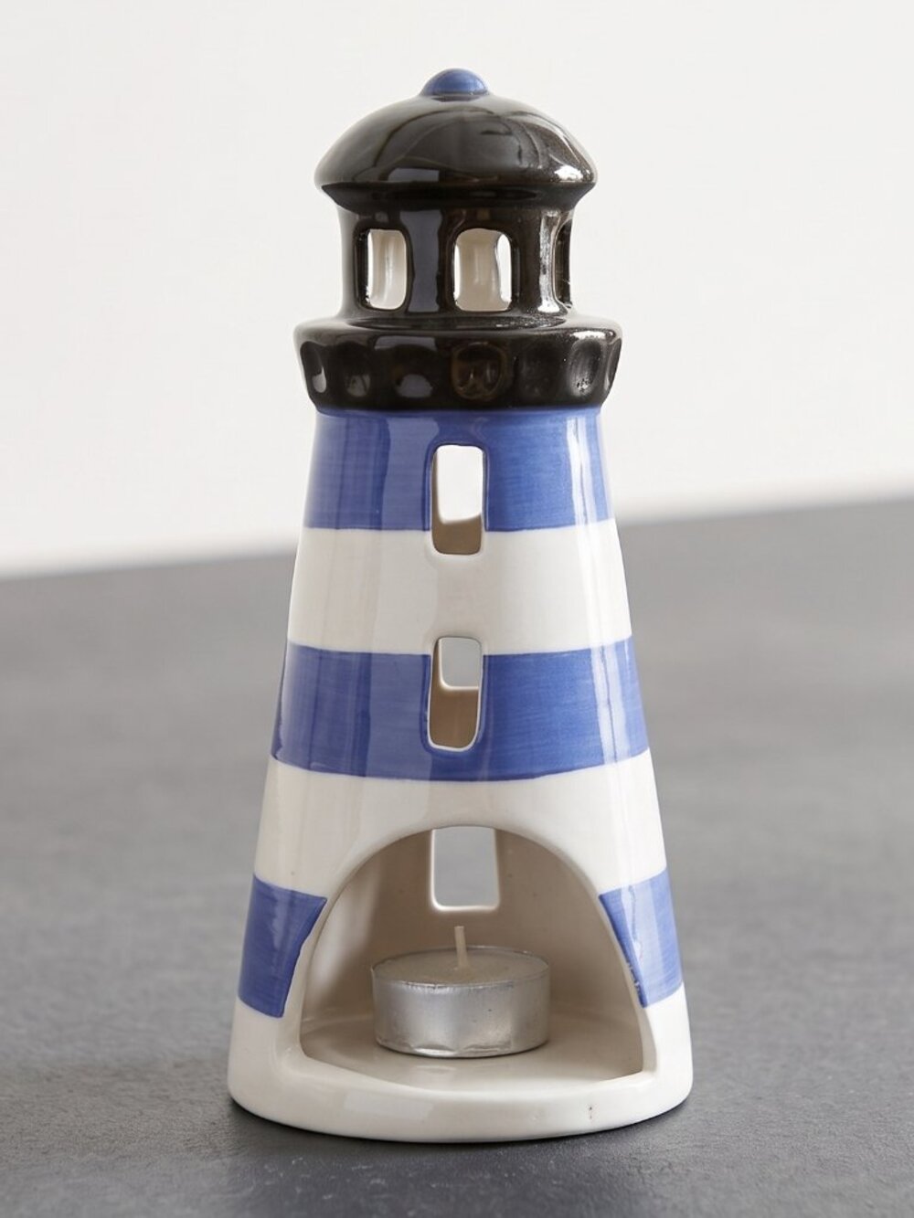 Bella Casa by Ganz Ceramic Lighthouse Candleholder Blue White Stripe 8.5"